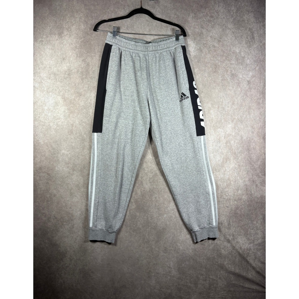 Adidas Joggers Mens M Gray Black Essentials Tapered 3-Stripes Sweatpants Fleece